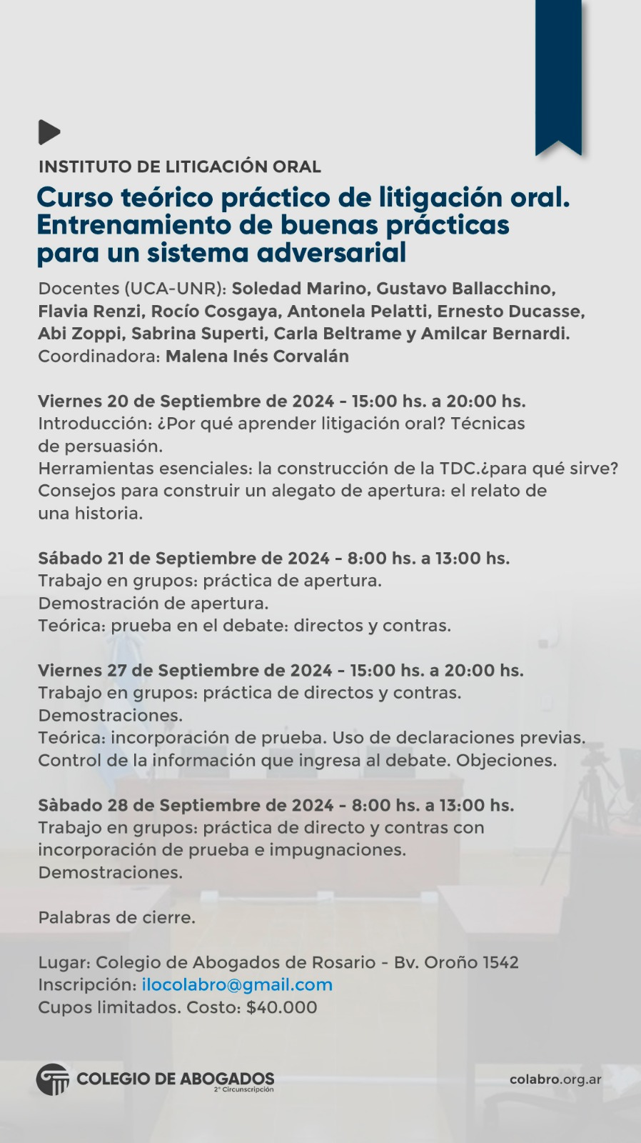 Curso teórico práctico de litigación oral:  Entrenamiento de buenas prácticas para un sistema adversarial - 20/09/2024 - 21/09/2024 - 27/09/2024 - 28/09/2024